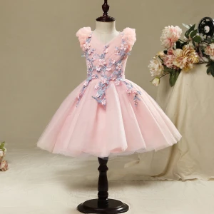 Chic Beautiful Hall Wedding Party Dresses 2017 Flower Girl Dresses Candy Pink Short Ball Gown Cascading Ruffles V Neck Sleeveless Flower Appliques Pearl