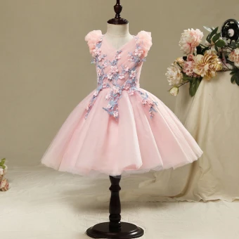 Chic Beautiful Hall Wedding Party Dresses 2017 Flower Girl Dresses Candy Pink Short Ball Gown Cascading Ruffles V Neck Sleeveless Flower Appliques Pearl