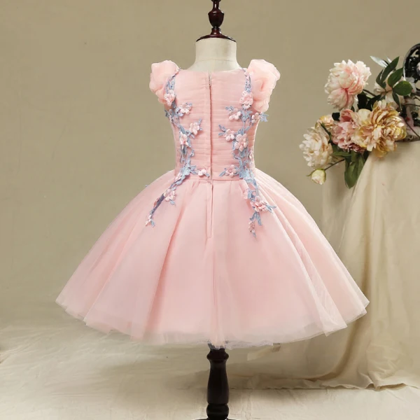 Chic / Beautiful Hall Wedding Party Dresses 2017 Flower Girl Dresses Candy Pink Short Ball Gown Cascading Ruffles V-Neck Sleeveless Flower Appliques Pearl
