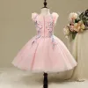 Chic / Beautiful Hall Wedding Party Dresses 2017 Flower Girl Dresses Candy Pink Short Ball Gown Cascading Ruffles V-Neck Sleeveless Flower Appliques Pearl