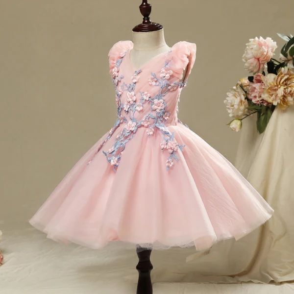 Chic / Beautiful Hall Wedding Party Dresses 2017 Flower Girl Dresses Candy Pink Short Ball Gown Cascading Ruffles V-Neck Sleeveless Flower Appliques Pearl