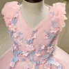 Chic / Belle Salle Robe Pour Mariage 2017 Robe Ceremonie Fille Rose Bonbon Courte Robe Boule Volants en Cascade V-Cou Sans Manches Fleur Appliques Perle