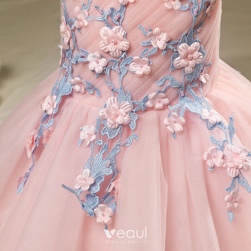 Chic / Beautiful Hall Wedding Party Dresses 2017 Flower Girl Dresses Candy Pink Short Ball Gown Cascading Ruffles V-Neck Sleeveless Flower Appliques