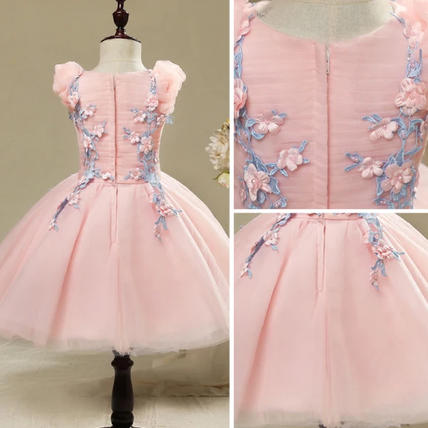 Chic / Beautiful Hall Wedding Party Dresses 2017 Flower Girl Dresses Candy Pink Short Ball Gown Cascading Ruffles V-Neck Sleeveless Flower Appliques Pearl