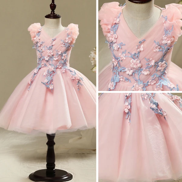 Chic / Beautiful Hall Wedding Party Dresses 2017 Flower Girl Dresses Candy Pink Short Ball Gown Cascading Ruffles V-Neck Sleeveless Flower Appliques Pearl