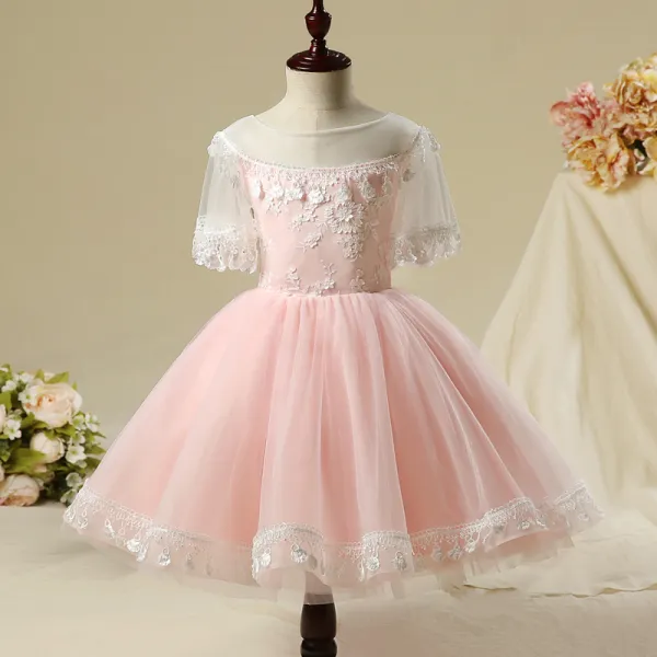 Chic / Beautiful Hall Wedding Party Dresses 2017 Flower Girl Dresses Blushing Pink Short Ball Gown Cascading Ruffles Scoop Neck 1/2 Sleeves Tassel Flower Appliques