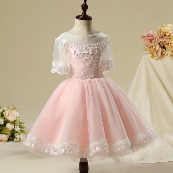 Chic / Beautiful Hall Wedding Party Dresses 2017 Flower Girl Dresses Blushing Pink Short Ball Gown Cascading Ruffles Scoop Neck 1/2 Sleeves Tassel Flower Appliques
