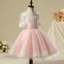 Chic / Beautiful Hall Wedding Party Dresses 2017 Flower Girl Dresses Blushing Pink Short Ball Gown Cascading Ruffles Scoop Neck 1/2 Sleeves Tassel Flower Appliques