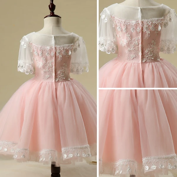 Chic / Beautiful Hall Wedding Party Dresses 2017 Flower Girl Dresses Blushing Pink Short Ball Gown Cascading Ruffles Scoop Neck 1/2 Sleeves Tassel Flower Appliques