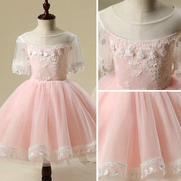 Chic / Beautiful Hall Wedding Party Dresses 2017 Flower Girl Dresses Blushing Pink Short Ball Gown Cascading Ruffles Scoop Neck 1/2 Sleeves Tassel Flower Appliques