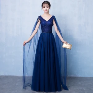 Chic Belle Bleu Marine Robe De Soirée 2018 Princesse V Cou Sans Manches Perlage Perle Noeud Ceinture Watteau Train Volants Dos Nu Robe De Ceremonie