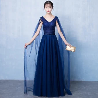 Chic Beautiful Navy Blue Evening Dresses 2018 A Line Princess V Neck Sleeveless Beading Pearl Bow Sash Watteau Train Ruffle Backless Formal Dresses