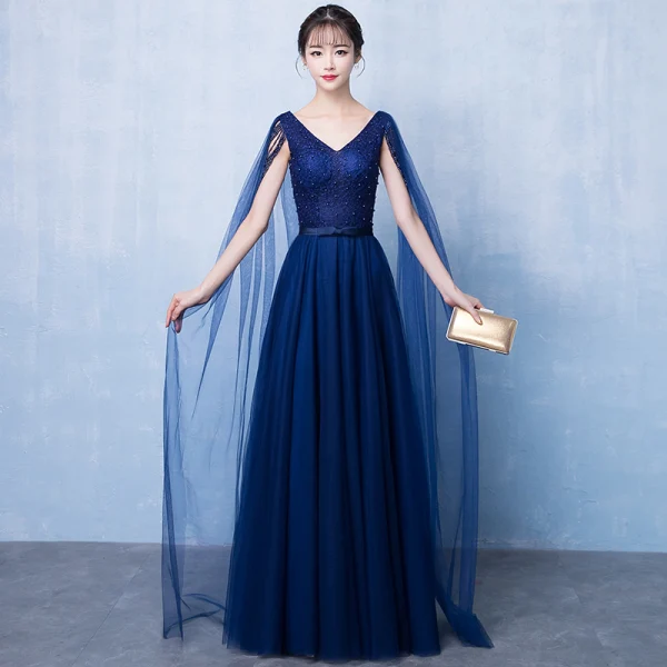 Chic / Belle Bleu Marine Robe De Soirée 2018 Princesse V-Cou Sans Manches Perlage Perle Noeud Ceinture Watteau Train Volants Dos Nu Robe De Ceremonie