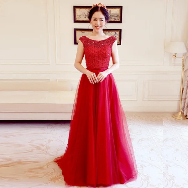 Chic / Beautiful Prom Dresses 2018 A-Line / Princess Scoop Neck Beading Pearl Bow Sash Floor-Length / Long Ruffle Backless Formal Dresses