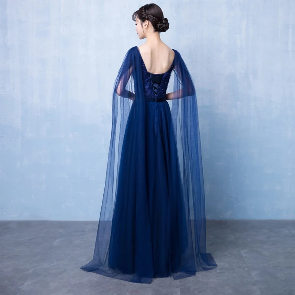 Chic / Belle Bleu Marine Robe De Soirée 2018 Princesse V-Cou Sans Manches Perlage Perle Noeud Ceinture Watteau Train Volants Dos Nu Robe De Ceremonie
