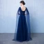 Chic / Belle Bleu Marine Robe De Soirée 2018 Princesse V-Cou Sans Manches Perlage Perle Noeud Ceinture Watteau Train Volants Dos Nu Robe De Ceremonie