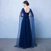 Chic / Beautiful Navy Blue Evening Dresses  2018 A-Line / Princess V-Neck Sleeveless Beading Pearl Bow Sash Watteau Train Ruffle Backless Formal Dresses