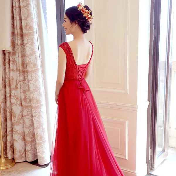 Chic / Beautiful Prom Dresses 2018 A-Line / Princess Scoop Neck Beading Pearl Bow Sash Floor-Length / Long Ruffle Backless Formal Dresses