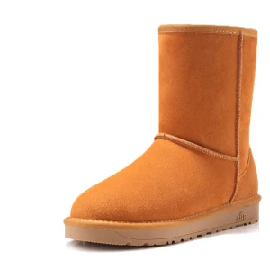 Classic Womens Boots 2017 Tan Leather Mid Calf Suede Casual Winter Flat Snow Boots