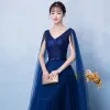 Chic / Beautiful Navy Blue Evening Dresses  2018 A-Line / Princess V-Neck Sleeveless Beading Pearl Bow Sash Watteau Train Ruffle Backless Formal Dresses