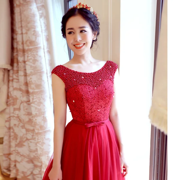 Chic / Beautiful Prom Dresses 2018 A-Line / Princess Scoop Neck Beading Pearl Bow Sash Floor-Length / Long Ruffle Backless Formal Dresses