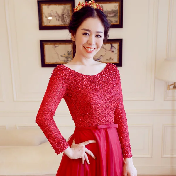Chic / Beautiful Prom Dresses 2018 A-Line / Princess Scoop Neck Beading Pearl Bow Sash Floor-Length / Long Ruffle Backless Formal Dresses