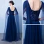 Chic / Belle Bleu Marine Robe De Soirée 2018 Princesse V-Cou Sans Manches Perlage Perle Noeud Ceinture Watteau Train Volants Dos Nu Robe De Ceremonie
