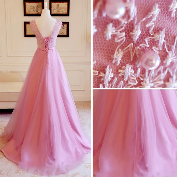 Chic / Beautiful Prom Dresses 2018 A-Line / Princess Scoop Neck Beading Pearl Bow Sash Floor-Length / Long Ruffle Backless Formal Dresses