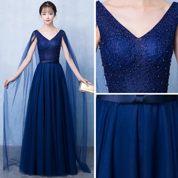 Chic / Belle Bleu Marine Robe De Soirée 2018 Princesse V-Cou Sans Manches Perlage Perle Noeud Ceinture Watteau Train Volants Dos Nu Robe De Ceremonie