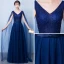 Chic / Belle Bleu Marine Robe De Soirée 2018 Princesse V-Cou Sans Manches Perlage Perle Noeud Ceinture Watteau Train Volants Dos Nu Robe De Ceremonie