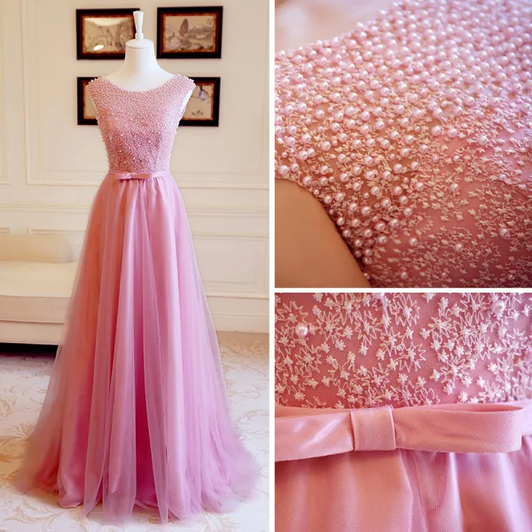 Chic / Beautiful Prom Dresses 2018 A-Line / Princess Scoop Neck Beading Pearl Bow Sash Floor-Length / Long Ruffle Backless Formal Dresses