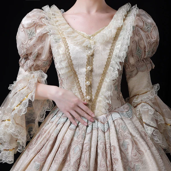 Vintage / Retro Medieval Champagne Ball Gown Prom Dresses 2021 V-Neck Long Sleeve Floor-Length / Long Zipper Up 3D Lace Beading Embroidered Pearl Cosplay Prom Formal Dresses