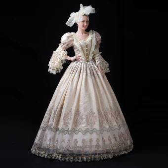 Vintage Retro Medieval Champagne Ball Gown Prom Dresses 2021 V Neck Long Sleeve Floor Length Long Zipper Up 3d Lace Beading Embroidered Pearl Cosplay Prom Formal Dresses