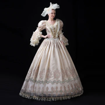 Vintage Retro Medieval Champagne Ball Gown Prom Dresses 2021 V Neck Long Sleeve Floor Length Long Zipper Up 3d Lace Beading Embroidered Pearl Cosplay Prom Formal Dresses