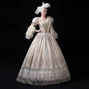 Vintage Retro Medieval Champagne Ball Gown Prom Dresses 2021 V Neck Long Sleeve Floor Length Long Zipper Up 3 D Lace Beading Embroidered Pearl Cosplay Prom Formal Dresses