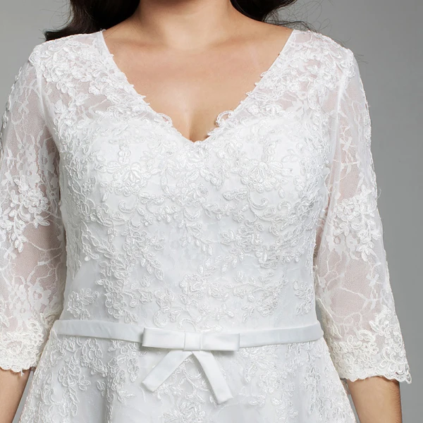 Schöne Weiß Kurze Übergröße Brautkleider / Hochzeitskleider 2020 A Linie V-Ausschnitt 1/2 Ärmel Applikationen Stickerei Handgefertigt Hochzeit