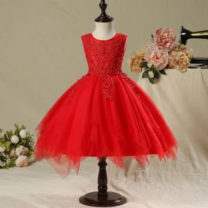 Chic Beautiful Hall Wedding Party Dresses 2017 Flower Girl Dresses Red Short Ball Gown Cascading Ruffles Sleeveless Scoop Neck Flower Appliques Pearl