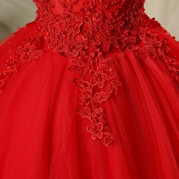 Chic / Beautiful Hall Wedding Party Dresses 2017 Flower Girl Dresses Red Short Ball Gown Cascading Ruffles Sleeveless Scoop Neck Flower Appliques Pearl