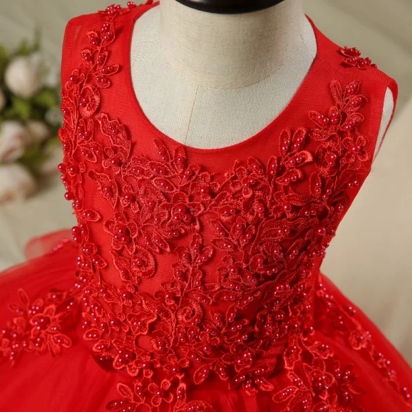 Chic / Beautiful Hall Wedding Party Dresses 2017 Flower Girl Dresses Red Short Ball Gown Cascading Ruffles Sleeveless Scoop Neck Flower Appliques Pearl
