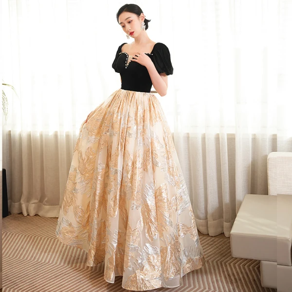 Chic / Beautiful Black Prom Dresses 2023 A-Line / Princess Pearl Square Neckline Short Sleeve Backless Floor-Length / Long Prom Formal Dresses