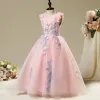 Chic / Beautiful Church Wedding Party Dresses 2017 Flower Girl Dresses Candy Pink Ball Gown Floor-Length / Long Scoop Neck Sleeveless Flower Appliques Pearl