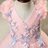 Chic / Belle Église Robe Pour Mariage 2017 Robe Ceremonie Fille Rose Bonbon Robe Boule Longue Encolure Dégagée Sans Manches Fleur Appliques Perle