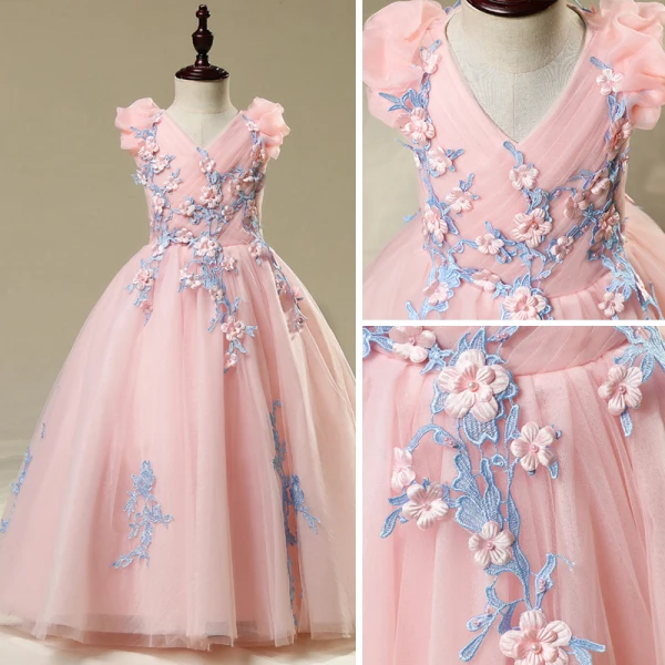 Chic / Beautiful Church Wedding Party Dresses 2017 Flower Girl Dresses Candy Pink Ball Gown Floor-Length / Long Scoop Neck Sleeveless Flower Appliques Pearl