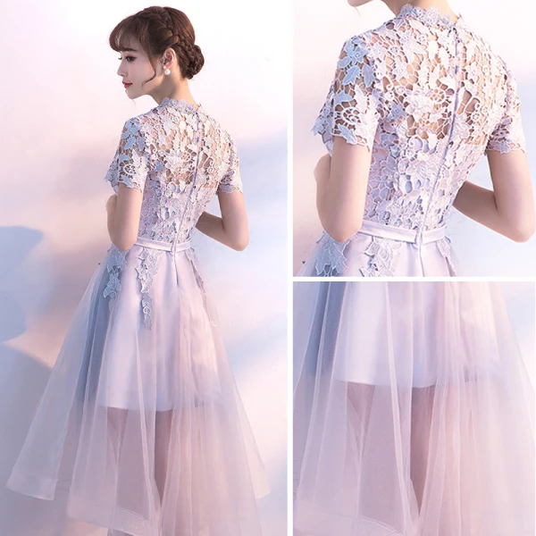Abordable Salle Robe De Ceremonie 2017 Robe De Graduation Argenté Asymétrique Princesse Ceinture Volants en Cascade Manches Courtes Col Haut En Dentelle Appliques
