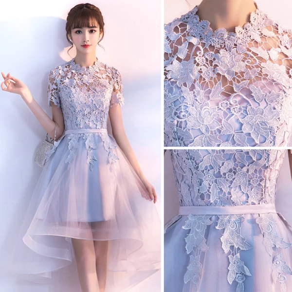 Abordable Salle Robe De Ceremonie 2017 Robe De Graduation Argenté Asymétrique Princesse Ceinture Volants en Cascade Manches Courtes Col Haut En Dentelle Appliques