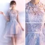 Abordable Salle Robe De Ceremonie 2017 Robe De Graduation Argenté Asymétrique Princesse Ceinture Volants en Cascade Manches Courtes Col Haut En Dentelle Appliques