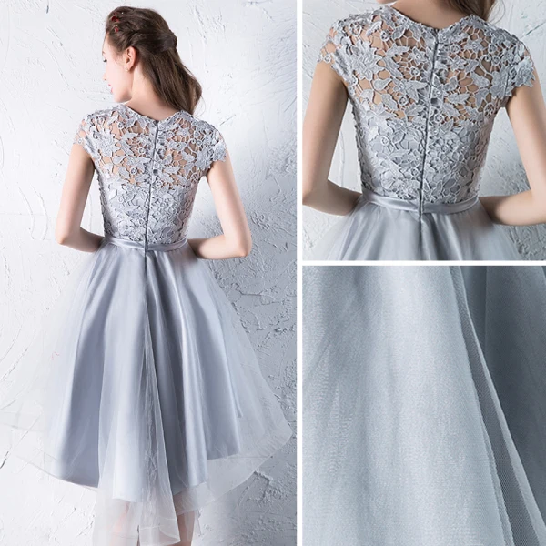 Abordable Salle Robe De Ceremonie 2017 Robe De Graduation Asymétrique Princesse Noeud Ceinture Volants en Cascade Encolure Dégagée Manches Courtes En Dentelle Appliques