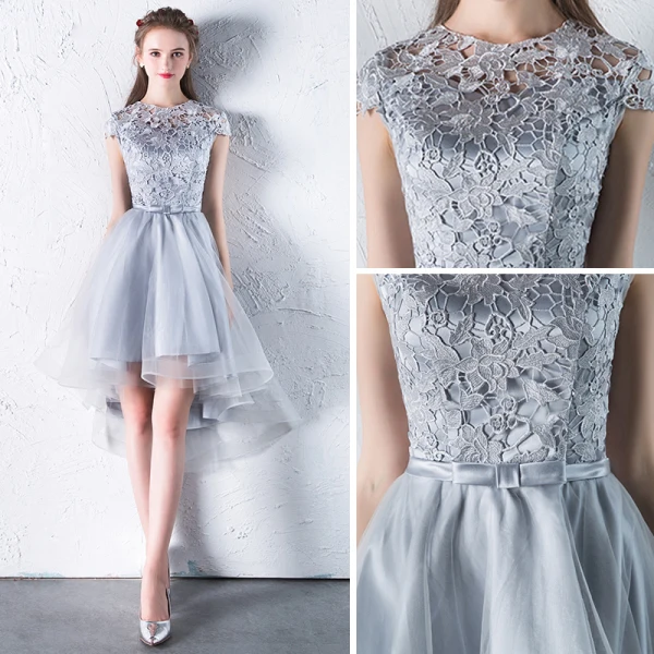 Abordable Salle Robe De Ceremonie 2017 Robe De Graduation Asymétrique Princesse Noeud Ceinture Volants en Cascade Encolure Dégagée Manches Courtes En Dentelle Appliques