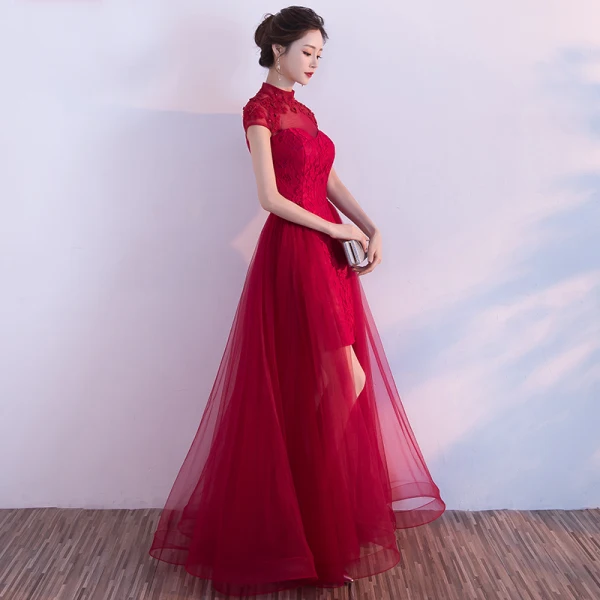 Style Chinois Salle Robe De Ceremonie 2017 Robe De Fete Bordeaux Princesse Asymétrique Col Haut Manches Courtes Dos Nu En Dentelle Appliques Perle Paillettes