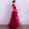 Chinese style Hall Formal Dresses 2017 Party Dresses Burgundy A-Line / Princess Asymmetrical High Neck Short Sleeve Backless Lace Appliques Pearl Sequins